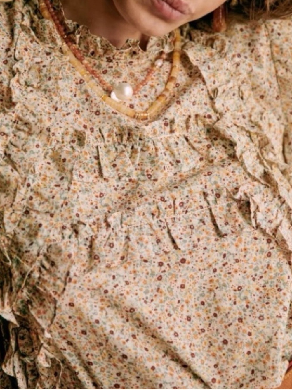 Sezane Floral Ruffle Long-Sleeve Women's Top in Cream
